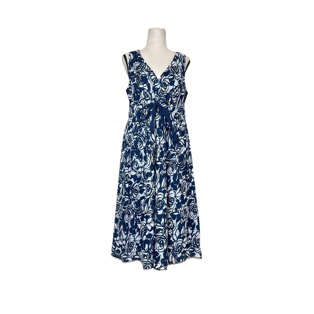 Liz Claiborne Navy Floral Cotton‎ Dress Size 10 V-neck Lined Front Bow Nautical